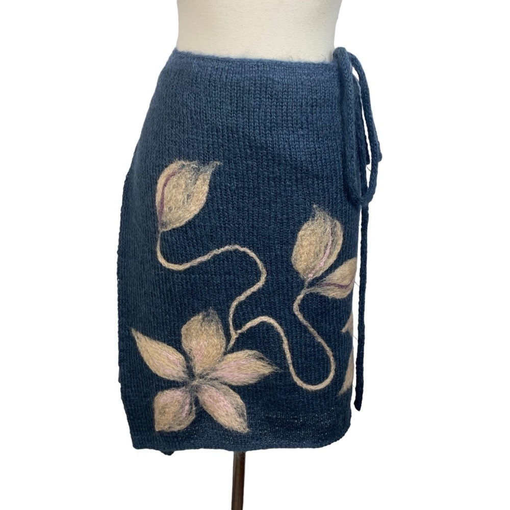 Handmade Mohair Knit Wrap Skirt Navy And Floral 6